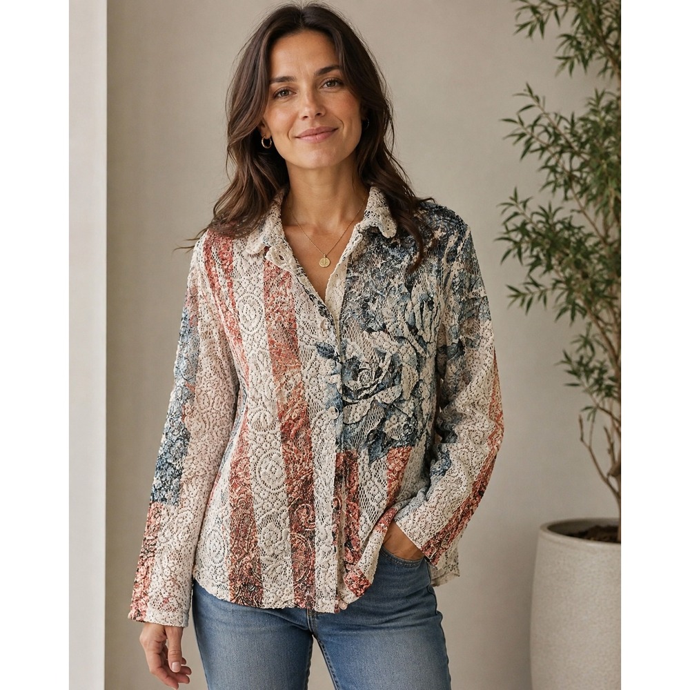 Origami by Vivien Lace Button Down Top 2XL Americana Floral Flag Print Shirt